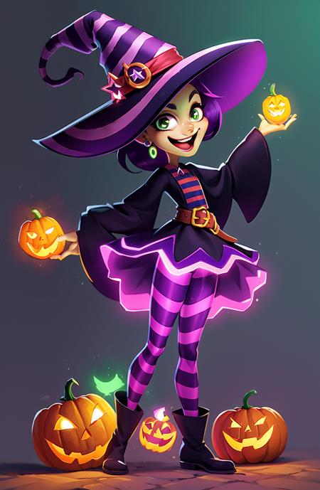 15211-762222473-Concept art, character illustration, European and American cartoons, 1girl, hat, striped, solo, witch hat, earrings, green eyes,.png